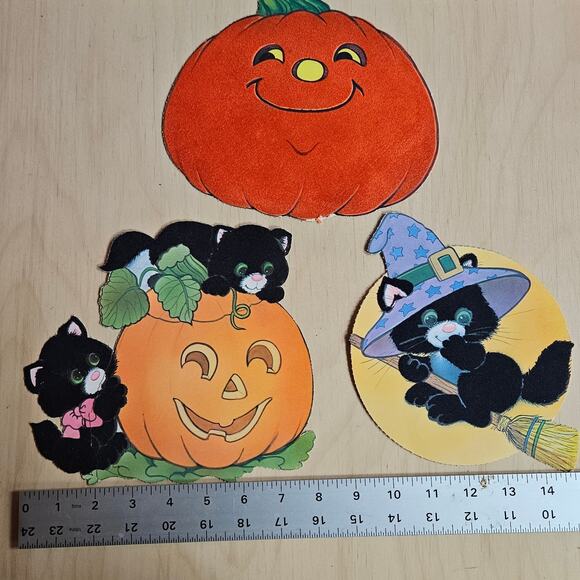 5 pc VTG Flocked Halloween Paper Decor Pumpkin Black Cat Witch Jack-o-loantern - Picture 6 of 7